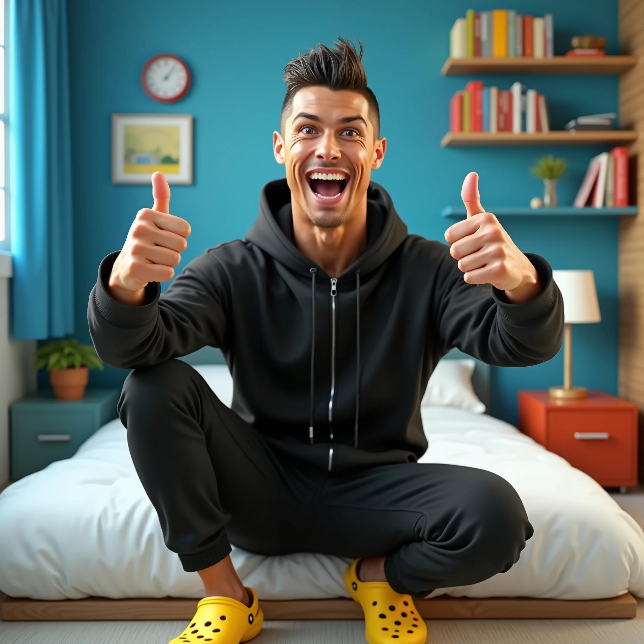 The image shows Cristiano Ronaldo in a bedroom with blue walls and a white bed in the background. He is wearing a black hoodie, black pants, and yellow crocs. He has a big smile on his face and is giving a thumbs up with both hands. His eyes are wide open and his mouth is slightly open, as if he is laughing. The room is decorated with colorful bookshelves and a lamp on the nightstand.