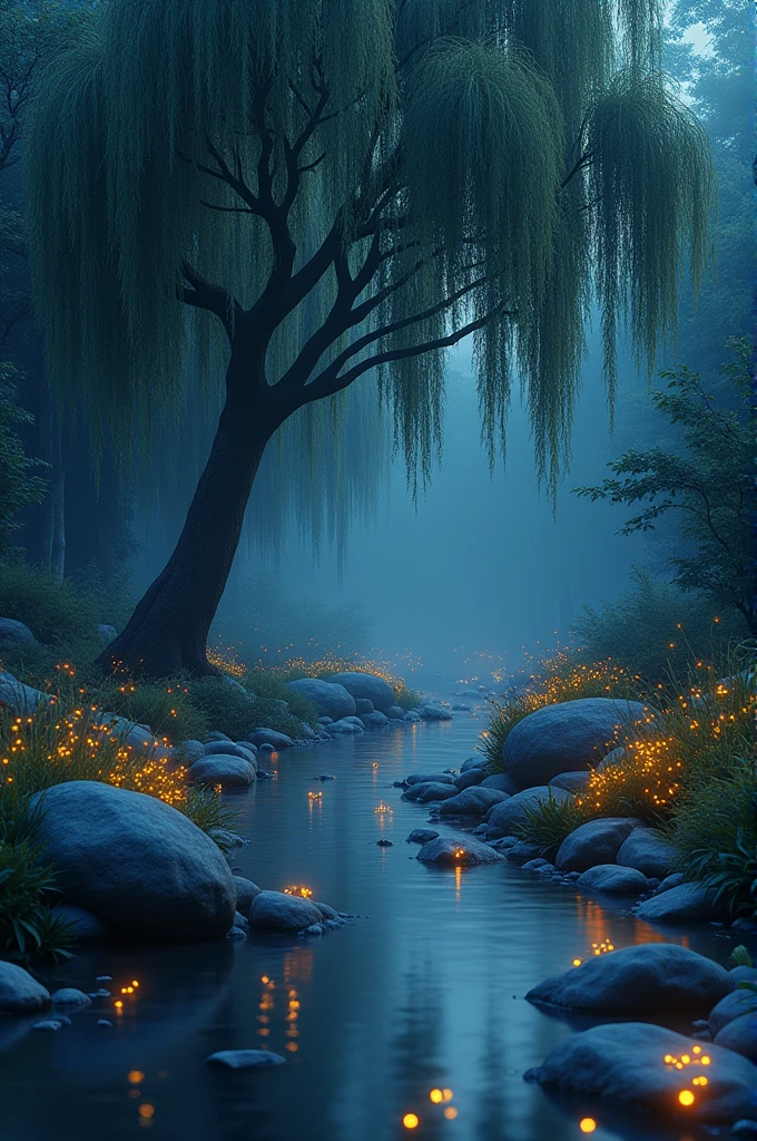 Night view、willow tree、many stones、Stream、Many glowing fireflies