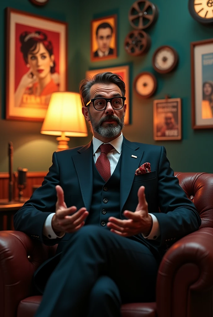 Generate an image, in which we must feel the film enthusiasm and, he must be a cinephile and have the many facts about film that we didn't know,in a film based environment and have a enthusiasm snd excitement in face