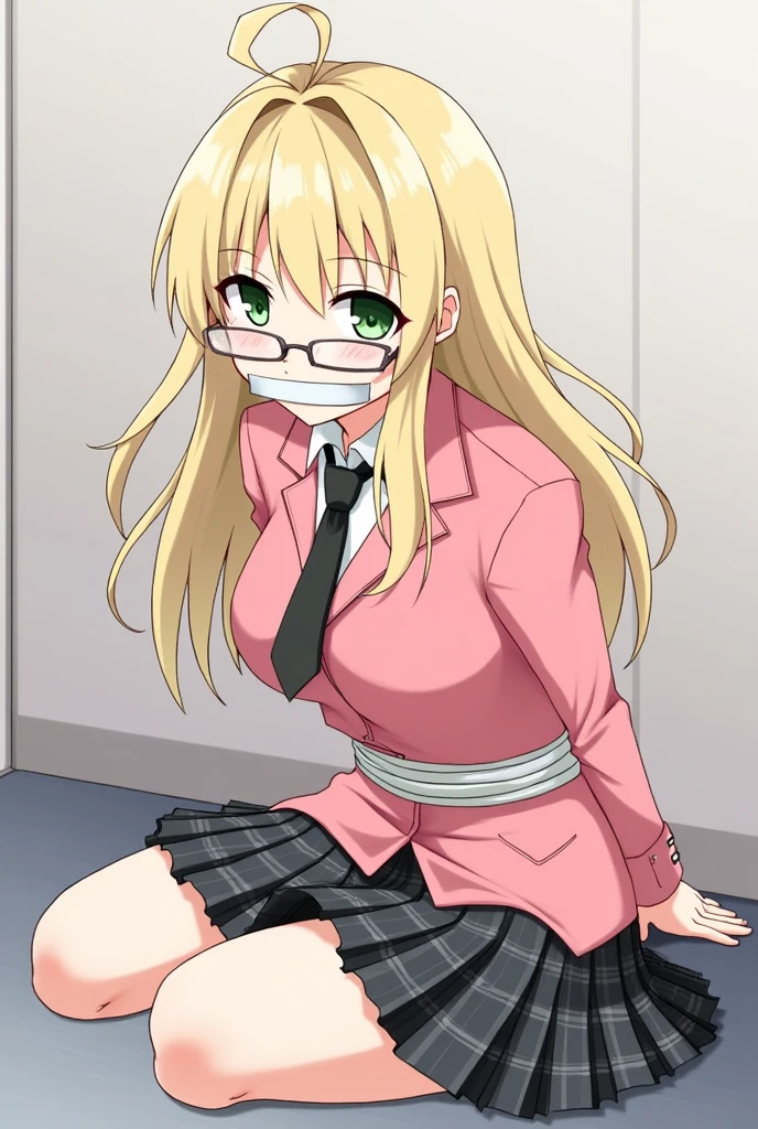 , green eyes, blonde hair, long hair, ahoge, bangs, glasses, school uniform, necktie, pink jacket, plaid skirt, skirt, short skirt, zettai ryouiki, embarrassed, tape, tape gag, gagged, tied, tied up, , tied wrists, hands behind back, tied ankles, tied arms to the body,