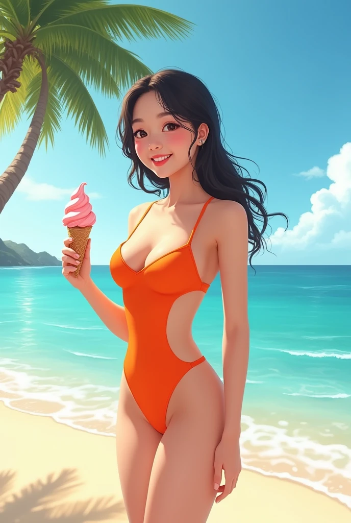 A asian woman  in the beach With swimsuit and ice cream