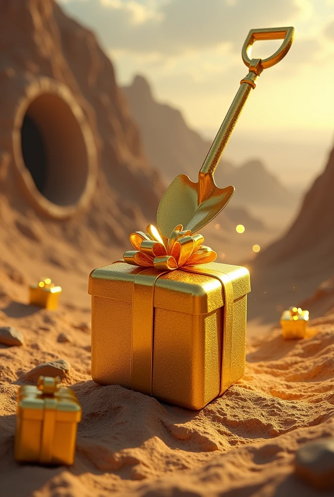 A golden shovel hitting a golden gift box, in a desert landscape with an abandoned gold mine behind and golden gift boxes scattered across the ground 