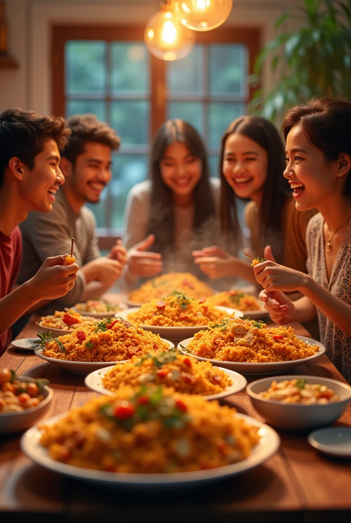 Young generation enjoying biryani which is chicken