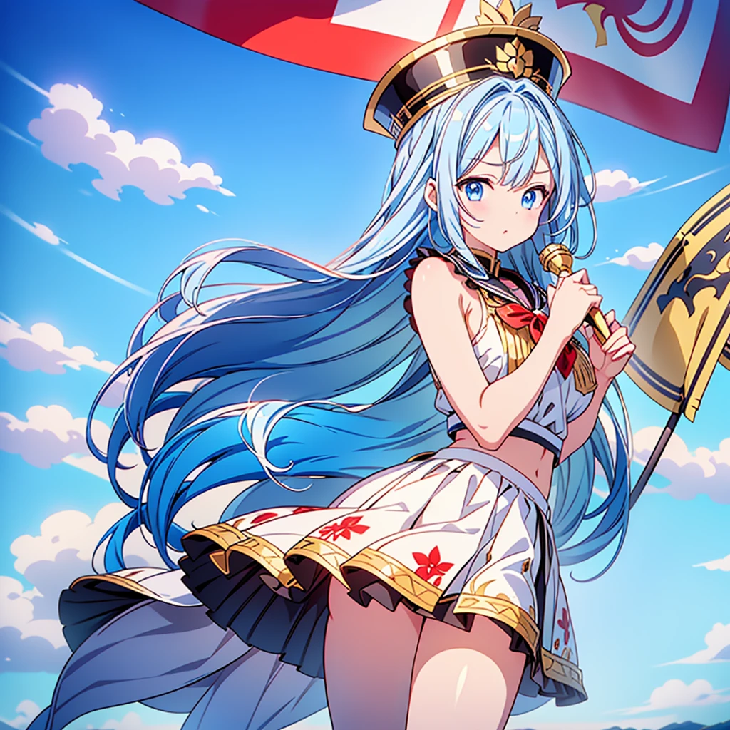 1girl、Dynamic composition、marching band、(((Masterpiece、Highest quality、Official Art、Super detailed、Handsome face、Dynamic composition)))、Anime Style、(Milky white and blue hair:1.3),(Blue eyes:1.4),(Bright colors:1.4),((Asanoha background:1.3)),, marching bandのユニフォームを着たクールな女の子, marching band hat、mini skirt, Frills, Black and white with gold embroidered flag held in both hands,(background:Large red flag on the back with gold floral embroidery, Note, )、euphonium、Huge Flag、Huge Flag