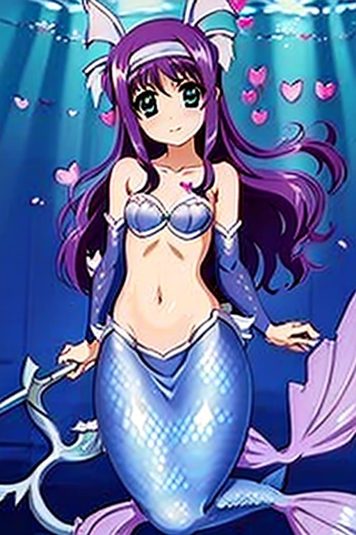 (((Mermaid, fish ears, harpoon, combat, underwater, heart accessory on chest, costume)))
