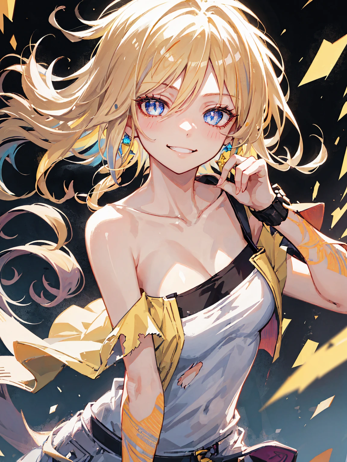 smile, bright eyes, 1girl, uzumaki naruto, blonde hair, yellow clothing, fighting, bare hands, unzipped, detailed collarbone, perfect collarbone, battle damage, solo, torn clothes, straight look, very detailed, anime, hd, masterpiece, drawing, 8k, professional, symmetrical, (detailed eyes, iris of eyes:0.5), (looking at camera:0.8), blue eyes, yellow hair, sparks, rays, detailed iris, sparkle eyes, star in eyes, enchanting blue eyes, (multicolored eyes), (blonde hair:1.3), (floating hair:1.3), (hair between eyes), (hair over one eye:1.3), (floating hair:1.3)