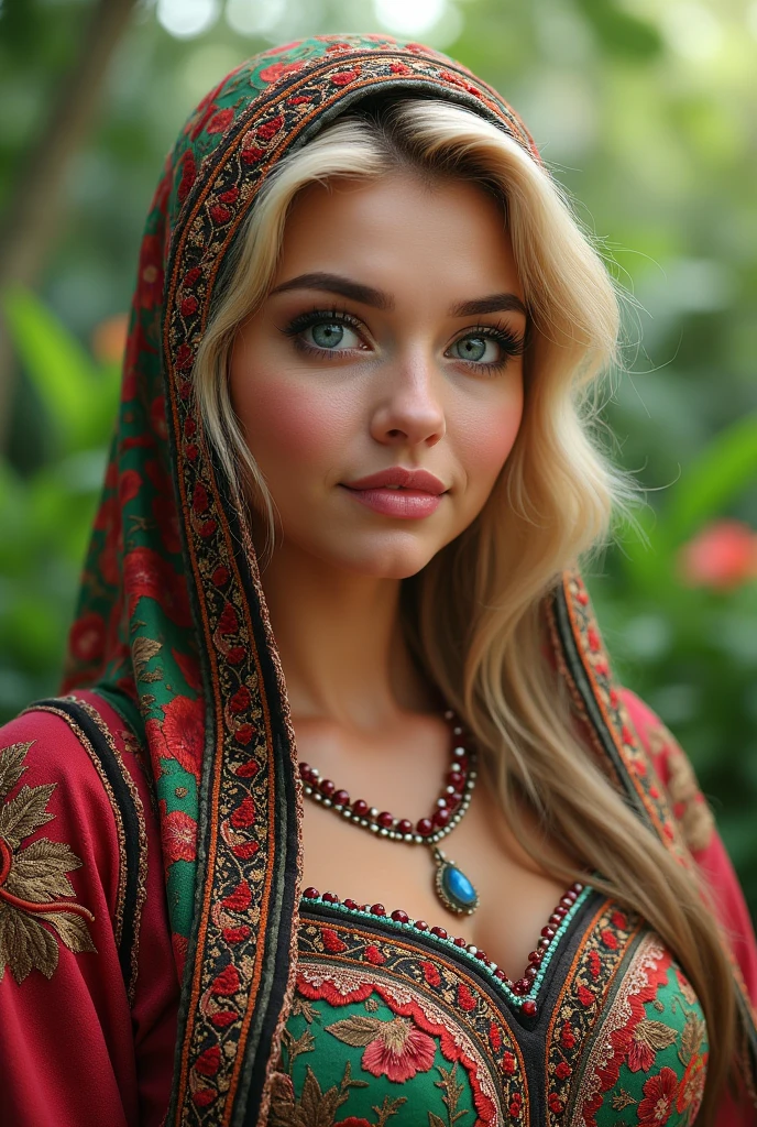 Head scarf with Algerian flag, close-up of blonde, plump woman wearing embroidered white and red dress, perfect clarity of the whole image, sharpness of face and eyes, intricate details 64k 32k HDset green nature background