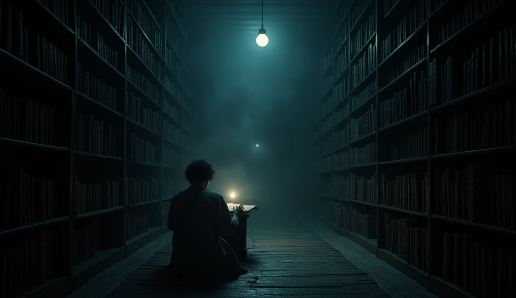 The quiet university library at night has an eerie atmosphere, with only dim light from a light bulb providing light.