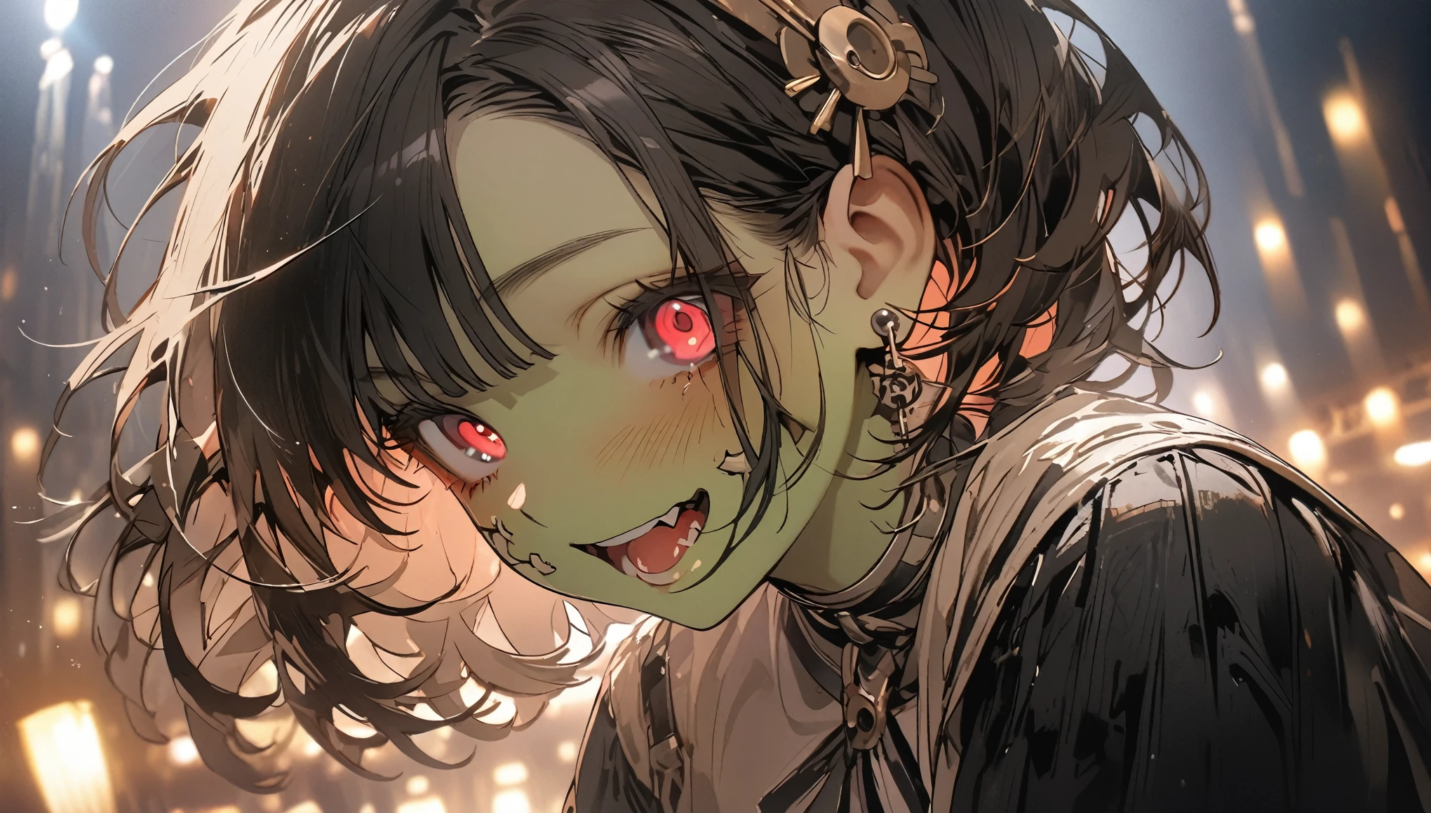 a close up face woman, cute zombie, electro swing clothes, 1930 outfit, classical, cute, masterpiece, theatre background, dark light, ultra detailed