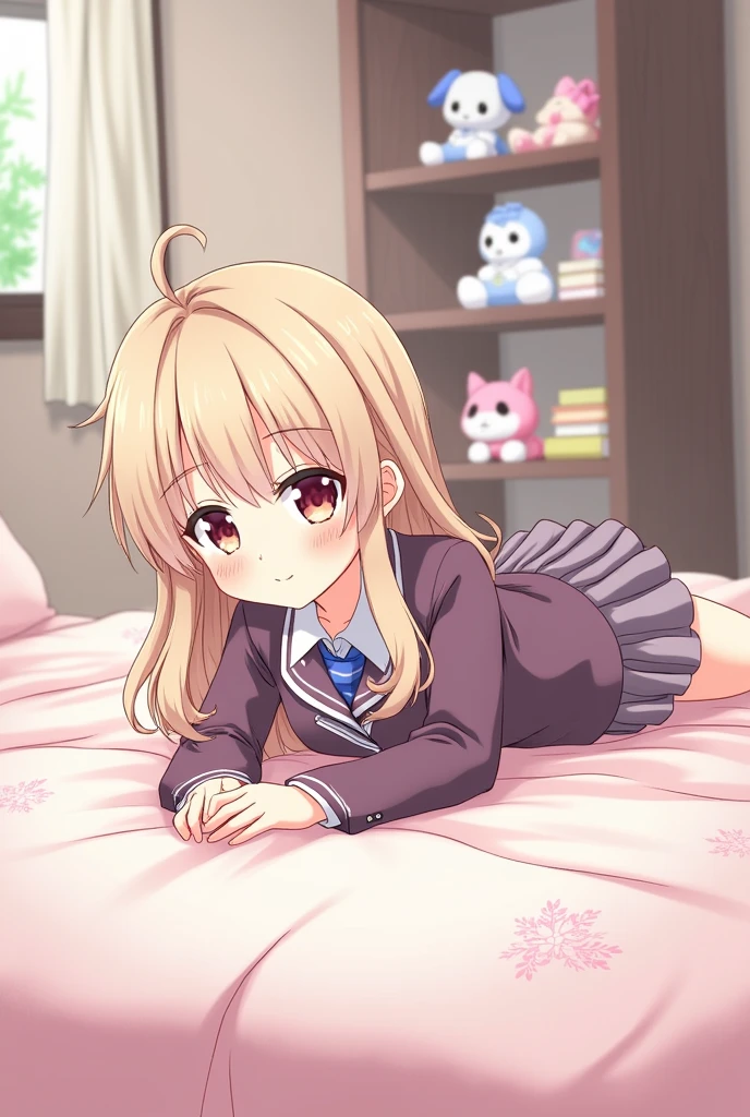Anime girl in school uniform lying on her stomach on the bed