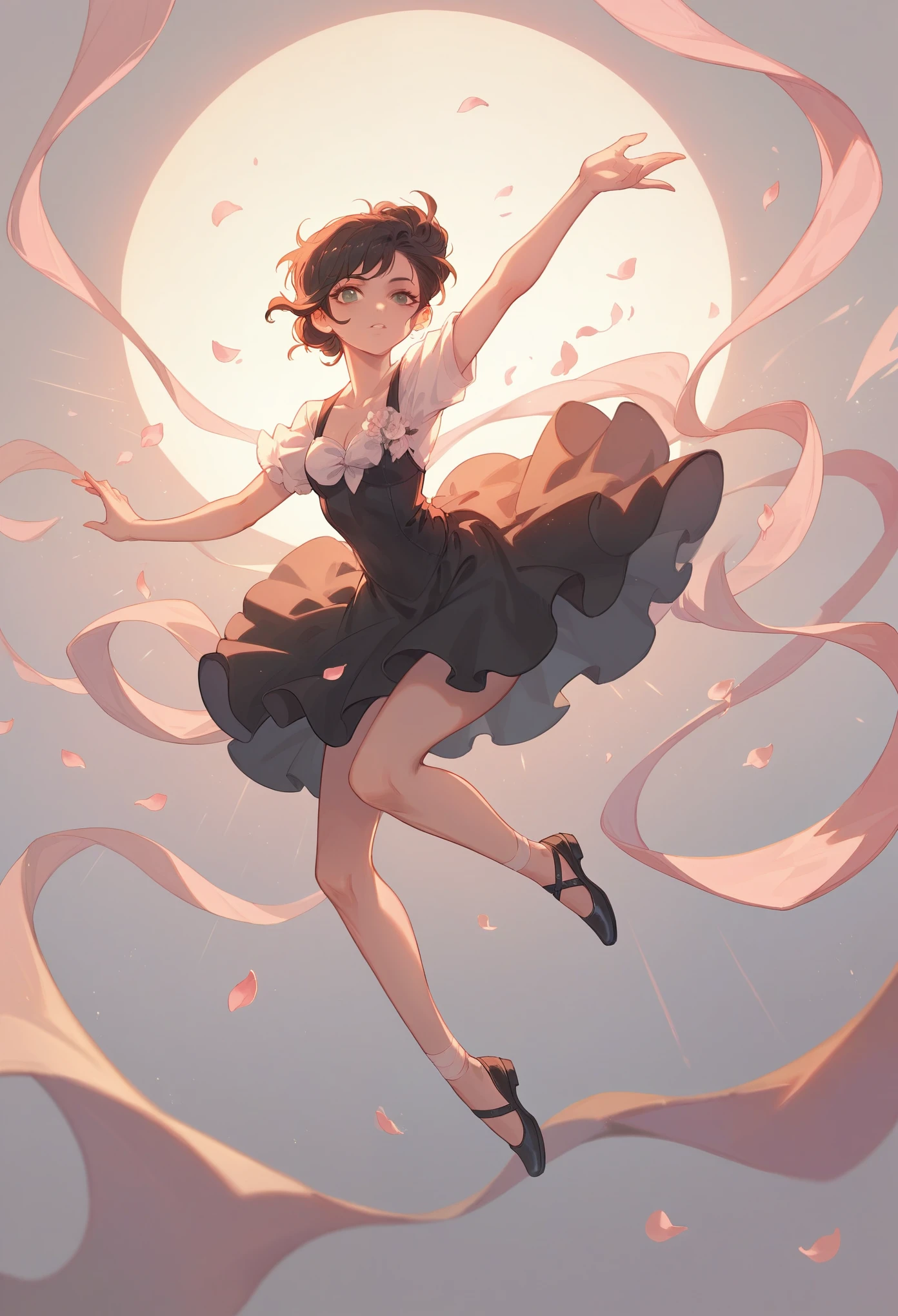 Girl ballerina black swan. Tragic scene, dynamic pose, stage lighting, flower petals in the air, absurdity