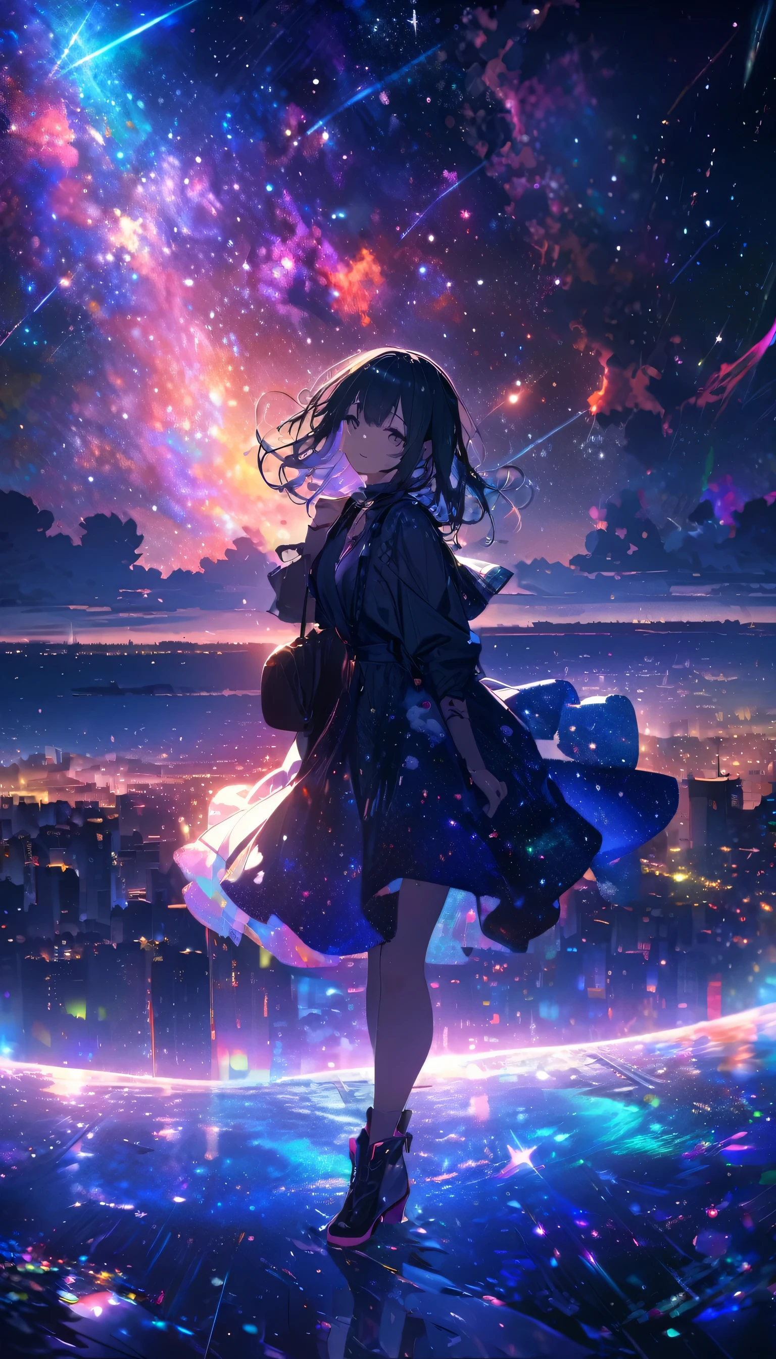 Angelic, detailed woman, Midnight, nebula, After the Rain, Starry Night, horizon, In the sky, city , colorful, High resolution, 8k