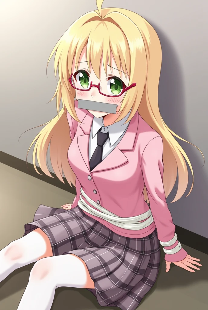 , green eyes, blonde hair, long hair, ahoge, bangs, glasses, school uniform, necktie, pink jacket, plaid skirt, skirt, short skirt, zettai ryouiki, embarrassed, tape, tape gag, gagged, tied, tied up, , tied wrists, hands behind back, tied ankles, tied arms to the body,