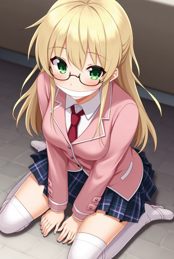 , green eyes, blonde hair, long hair, ahoge, bangs, glasses, school uniform, necktie, pink jacket, plaid skirt, skirt, short skirt, zettai ryouiki, embarrassed, tape, tape gag, gagged, tied, tied up, , tied wrists, hands behind back, tied ankles, tied arms to the body,