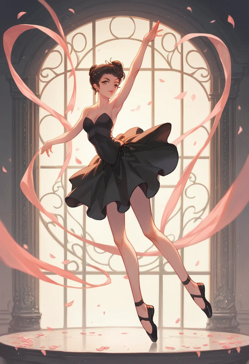 Girl ballerina black swan. Tragic scene, dynamic pose, stage lighting, flower petals in the air, absurdity
