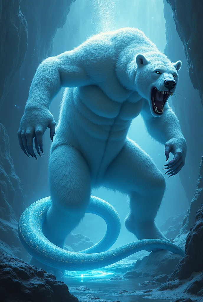 "Generate a high-definition image of a mythical creature that fuses a powerful polar bear and graceful eels. The creature should have the sturdy body of a polar bear covered in shimmering, iridescent scales that mimic the colors of deep ocean eels. Its limbs should be strong yet fluid, with elongated eel-like tails flowing gracefully behind it. The creature should be depicted in a mystical arctic landscape, surrounded by ethereal ice formations and glowing underwater currents, evoki