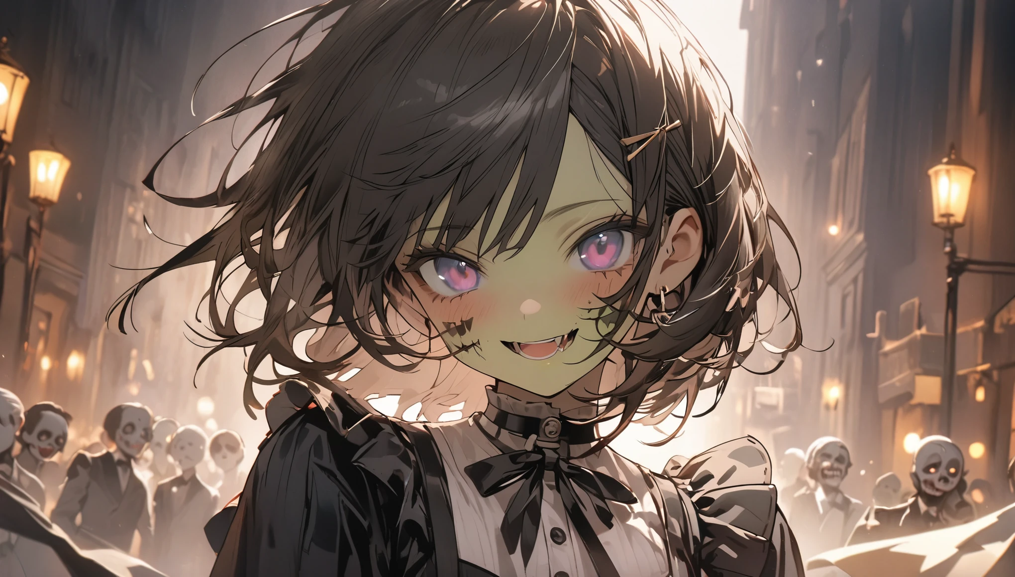 a close up face woman, cute zombie, electro swing clothes, 1930 outfit, classical, cute, masterpiece, theatre background, dark light, ultra detailed