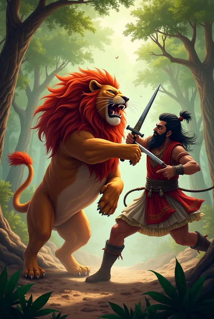 The red lion is fighting with beard sambhaji maharaj in forest