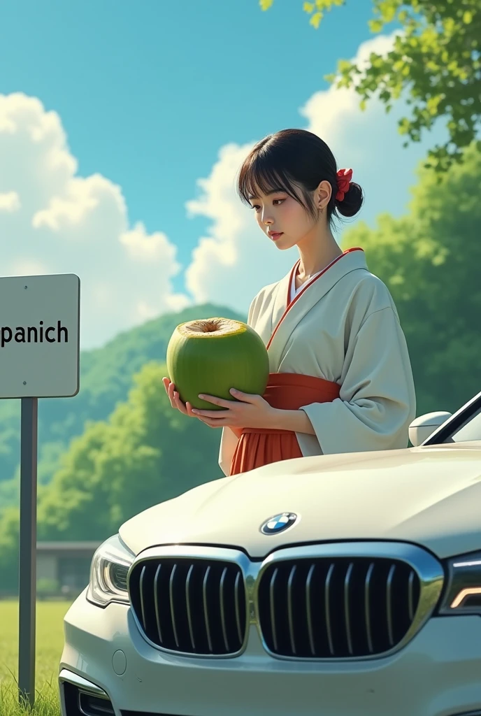 Realistic Ultra-high-resolution Photography of a japan woman very modest , beautiful , beautiful , standing holding a young green coconut , with an Sign with the logo of " KW PANICH ", and a Car BMW new version in the foreground.