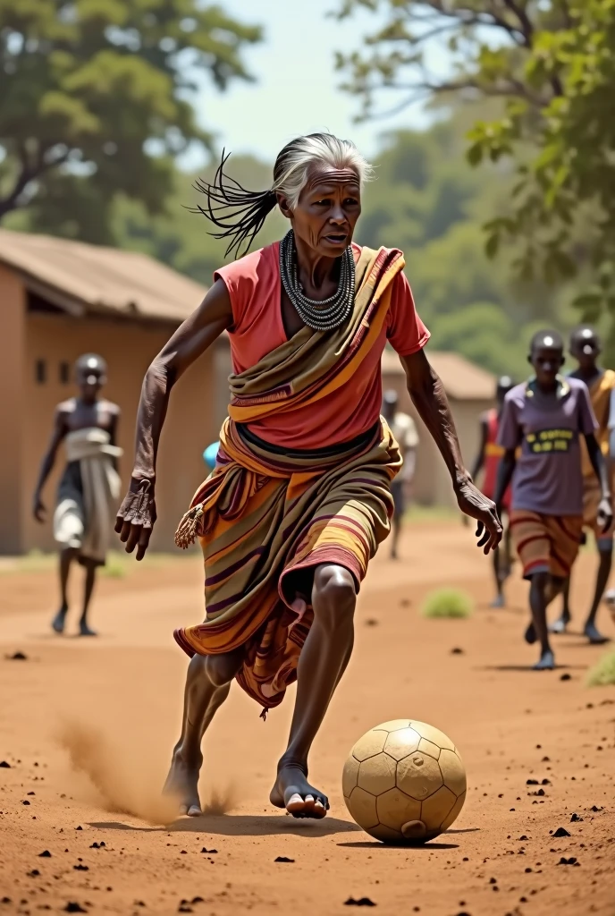 An old African woman playing football