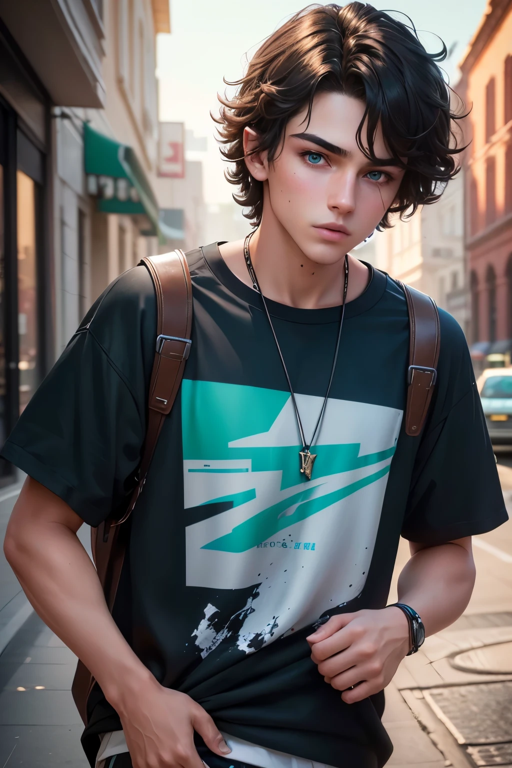 a beautiful teenage boy, dark brown wavy short hair, beautiful detailed blue and green eyes, vibrant colors, streetwear style clothes, cinematic lighting, (best quality,4k,8k,highres,masterpiece:1.2),ultra-detailed,(realistic,photorealistic,photo-realistic:1.37),portrait,high fashion editorial