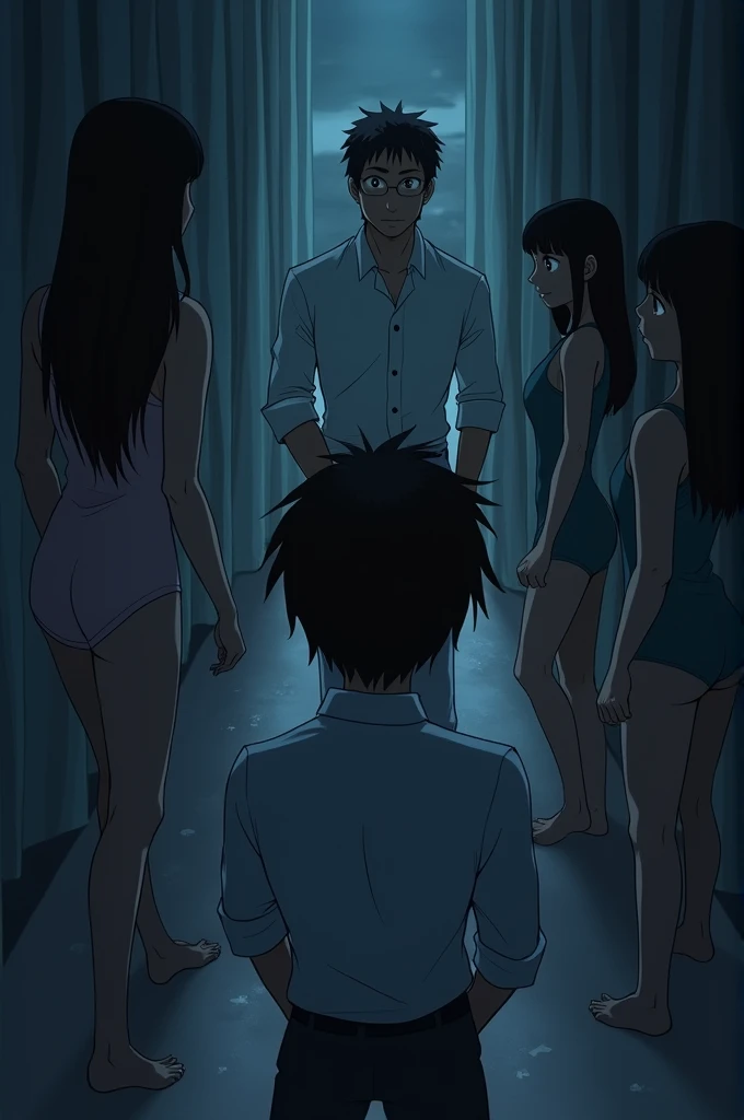 Aquí tienes el prompt para ilustrar la escena final del capítulo:

"A detailed anime-style illustration depicting a tense and eerie nighttime scene. In a dimly lit bedroom, Ron stands confidently with a smug expression, facing three women in camisones: Mía