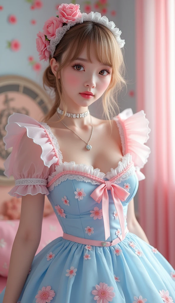 (Highest quality、masterpiece、8k、Best image quality、Hyperrealism、Award-winning works)、1 cute beautiful girl、(alone:1.1)、(1 photo:1.1)、(cute, Girlish, A sheer ta dress in light pink and light blue:1.2)、(Cute Girlish big ribbon:1.1)、(Cute and luxurious hair accessories:1.1)、(The perfect Loliress with attention to detail:1.2)、(A cute dress with frills and ribbons:1.1)、(cute lolita d with lace decorations:1.1)、(Cute Girlish lolita wavy :1.1)、(Low length:1.1)、(height: 140cm:1.1)、(Very large breasts:1.5)、(Glamorous Body:1.5)、(Big cleavage:1.5)、(Pink Roses:1.1)、(cuteハートのシンボル:1.1)、cuteフリルがいっぱい、(大きなcuteリボン:1.1)、Accentuate your body lines、Slender body、Standing Elegantly、(Pastel color Girlish and luxurious lolita room backnd:1.1)、(A fairytale room with attention to detail:1.1)、(cute水色の装飾壁:1.2)、(cute room with a Girlish atmosphere in pastel colors:1.1)、(cute room with very bright and shiny pastel colors:1.4)、(A very bright and shiny room:1.2)、(Lots of pastel colors:1.2)、(very bright and vivid:1.4)、(cuteパステルカラーの壁飾り:1.2)、Blurred Background、Standing Elegantly少女、Accurate anatomy、Perfect Makeup、Long eyelashes、Glossy Lips、Ultra HD glossy skin、(Ultra-high resolution, bright and beautiful skin:1.2)、(Super bright and radiant skin:1.2)、超高精細のGlossy Lips、Ultra-high resolution beautiful teeth、Light brown and blonde hair、Light brown eyes