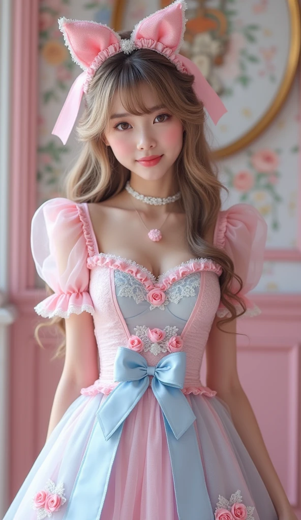 (Highest quality、masterpiece、8k、Best image quality、Hyperrealism、Award-winning works)、1 cute beautiful girl、(alone:1.1)、(1 photo:1.1)、(cute, Girlish, A sheer lolita dress in light pink and light blue:1.2)、(Cute Girlish big ribbon:1.1)、(Cute and luxurious hair accessories:1.1)、(The perfect Lolita dress with attention to detail:1.2)、(A cute dress with frills and ribbons:1.1)、(cute lolita dress with lace decorations:1.1)、(Cute Girlish lolita wavy hair:1.1)、(Low length:1.1)、(height: 140cm:1.1)、(Very large breasts:1.5)、(Glamorous Body:1.5)、(Big cleavage:1.5)、(Pink Roses:1.1)、(cuteハートのシンボル:1.1)、cuteフリルがいっぱい、(大きなcuteリボン:1.1)、Accentuate your body lines、Slender body、Standing Elegantly、(Pastel color Girlish and luxurious lolita room background:1.1)、(A fairytale room with attention to detail:1.1)、(cute水色の装飾壁:1.2)、(cute room with a Girlish atmosphere in pastel colors:1.1)、(cute room with very bright and shiny pastel colors:1.4)、(A very bright and shiny room:1.2)、(Lots of pastel colors:1.2)、(very bright and vivid:1.4)、(cuteパステルカラーの壁飾り:1.2)、Blurred Background、Standing Elegantly少女、Accurate anatomy、Perfect Makeup、Long eyelashes、Glossy Lips、Ultra HD glossy skin、(Ultra-high resolution, bright and beautiful skin:1.2)、(Super bright and radiant skin:1.2)、超高精細のGlossy Lips、Ultra-high resolution beautiful teeth、Light brown and blonde hair、Light brown eyes