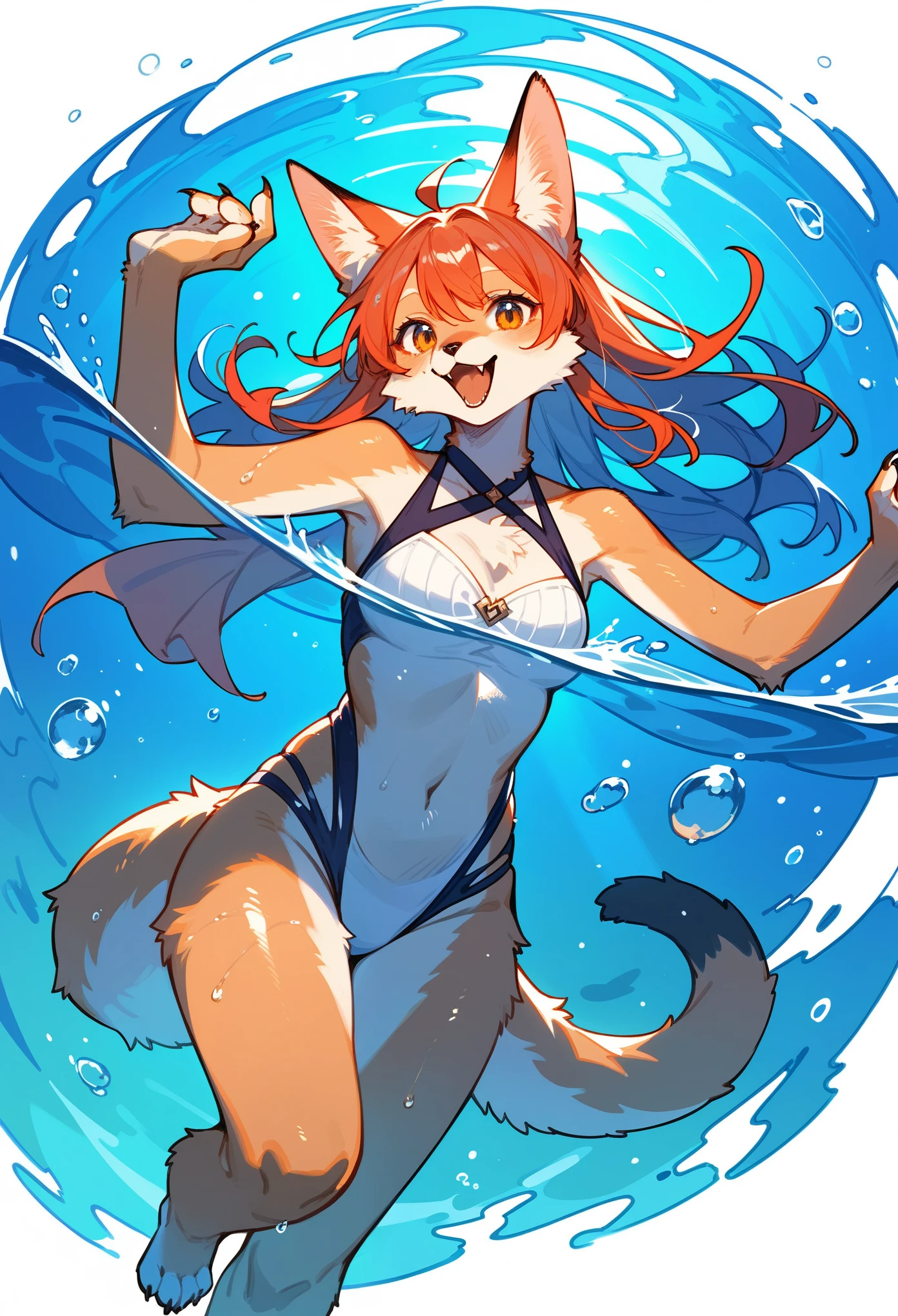 rating_safe, score_9, score_8_up, score_7_up, score_6_up, score_5_up, score_4_up, hires, highres, source_furry(1girl, Solo focus, furry anthro, kemono)bathing in water, beautiful refraction of water, Dreamy, mystical, Swimsuit, Happy, joyful(Photos of solo travelers)cinematic lighting, dynamic angle,
