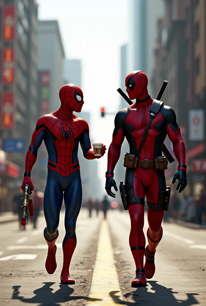 Deadpool walking in the road with spider man with cup of tea