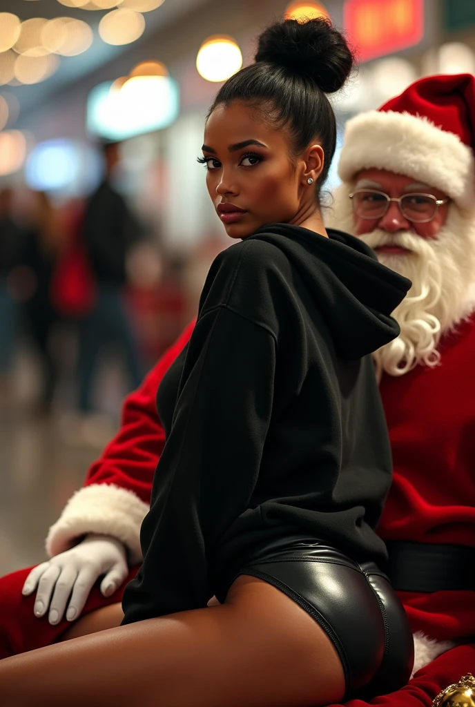 Black woman wearing leather short shorts and black hoodie hair in a bun setting on santas lap in the mall. Her shorts are up in her crack. The look on her face is eyes wide open and excited