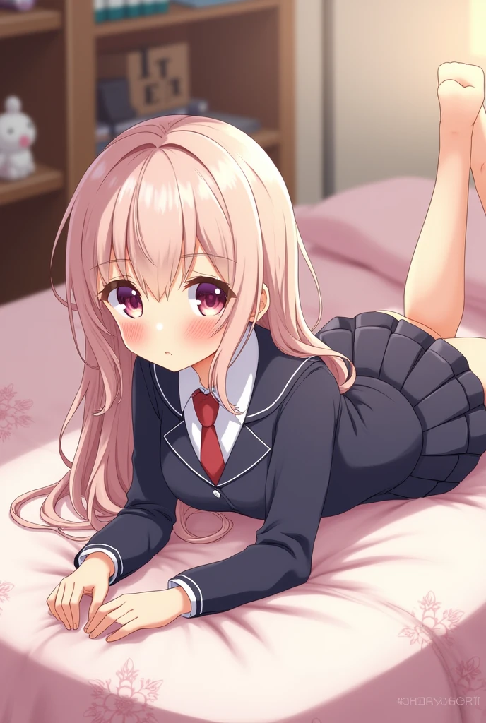 Anime girl in school uniform lying on her stomach on the bed 