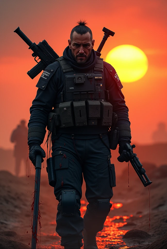 A black car commando after winning a war coming out with multiple wounds and blood pouring out with guns and swords on his back with sun setting background
