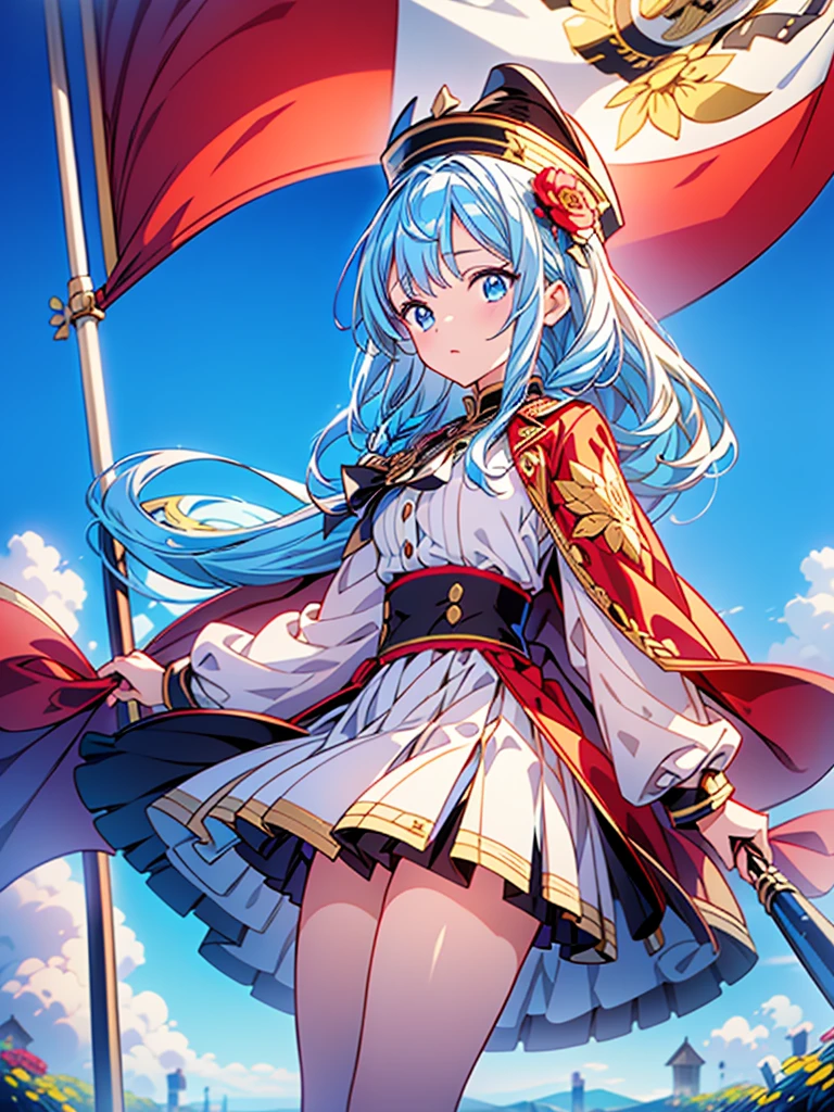 1girl、Dynamic composition、marching band、(((Masterpiece、Highest quality、Official Art、Super detailed、Handsome face、Dynamic composition)))、Anime Style、(Milky white and blue hair:1.3),(Blue eyes:1.4),(Bright colors:1.4),((Asanoha background:1.3)),, marching bandのユニフォームを着たクールな女の子, marching band hat、mini skirt, Frills, Black and white with gold embroidered flag held in both hands,（background:Large red flag on the back with gold floral embroidery, Note, )、euphonium、Huge Flag、Huge Flag