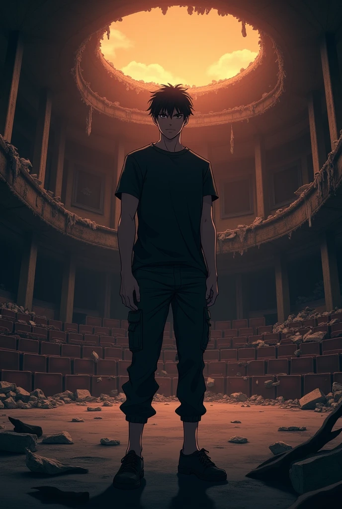The image is anime style cowboy bebop and Darker than black with shadows and dim lights, anime style although somewhat adult and dark, It shows a single adult male aged 28., with black hair and black eyes, He is wearing a black t-shirt and black cargo pants., He looks serious. He is standing in front of a destroyed theater, right on stage, sin techar, as the orange light of dusk filters through.
