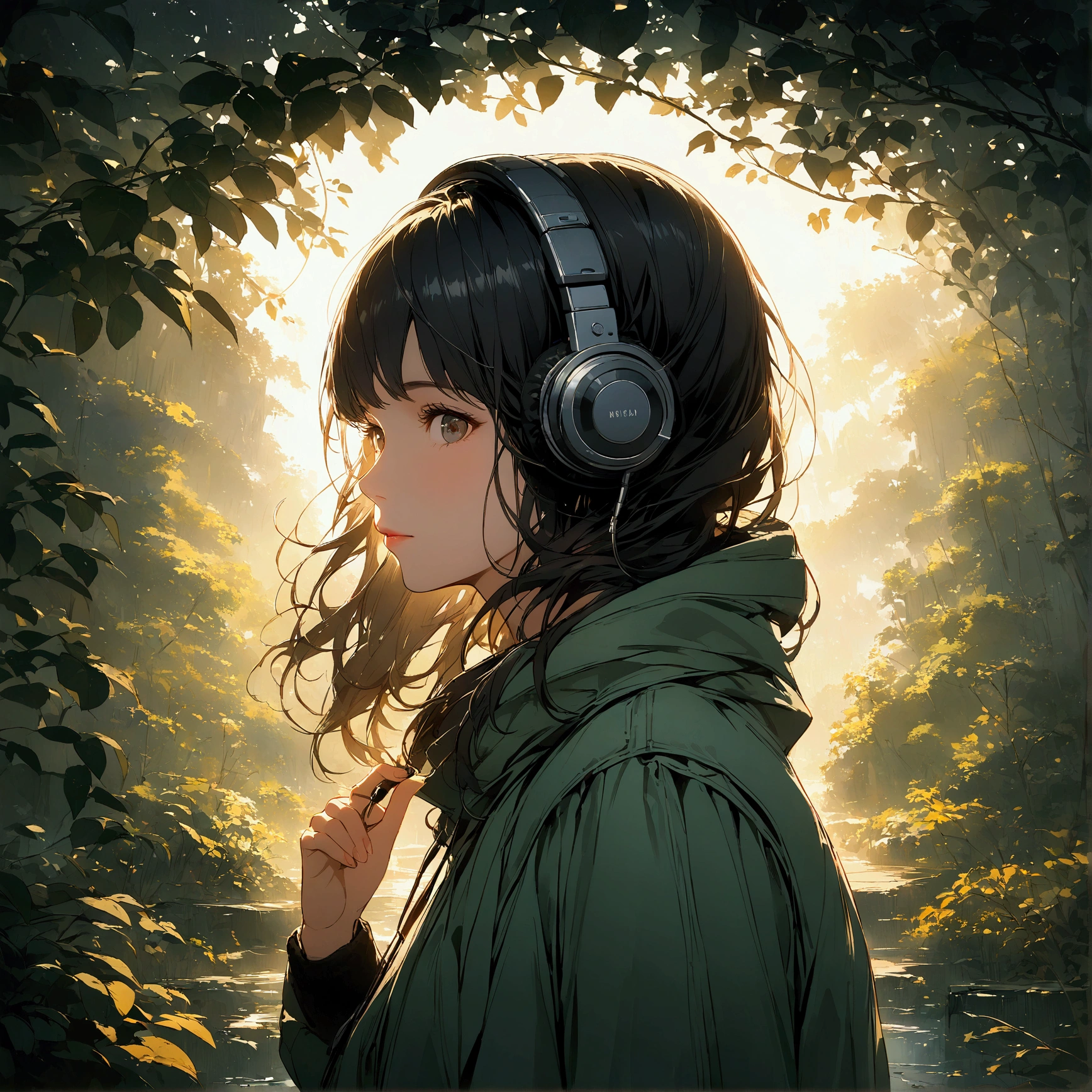 For the image, You could also feature a stylized illustration or a photo of a girl enjoying music., Put on your headphones, Soft lighting and a tranquil outdoor atmosphere、Surrounded by a calm atmosphere、Black Hair、The face is facing you