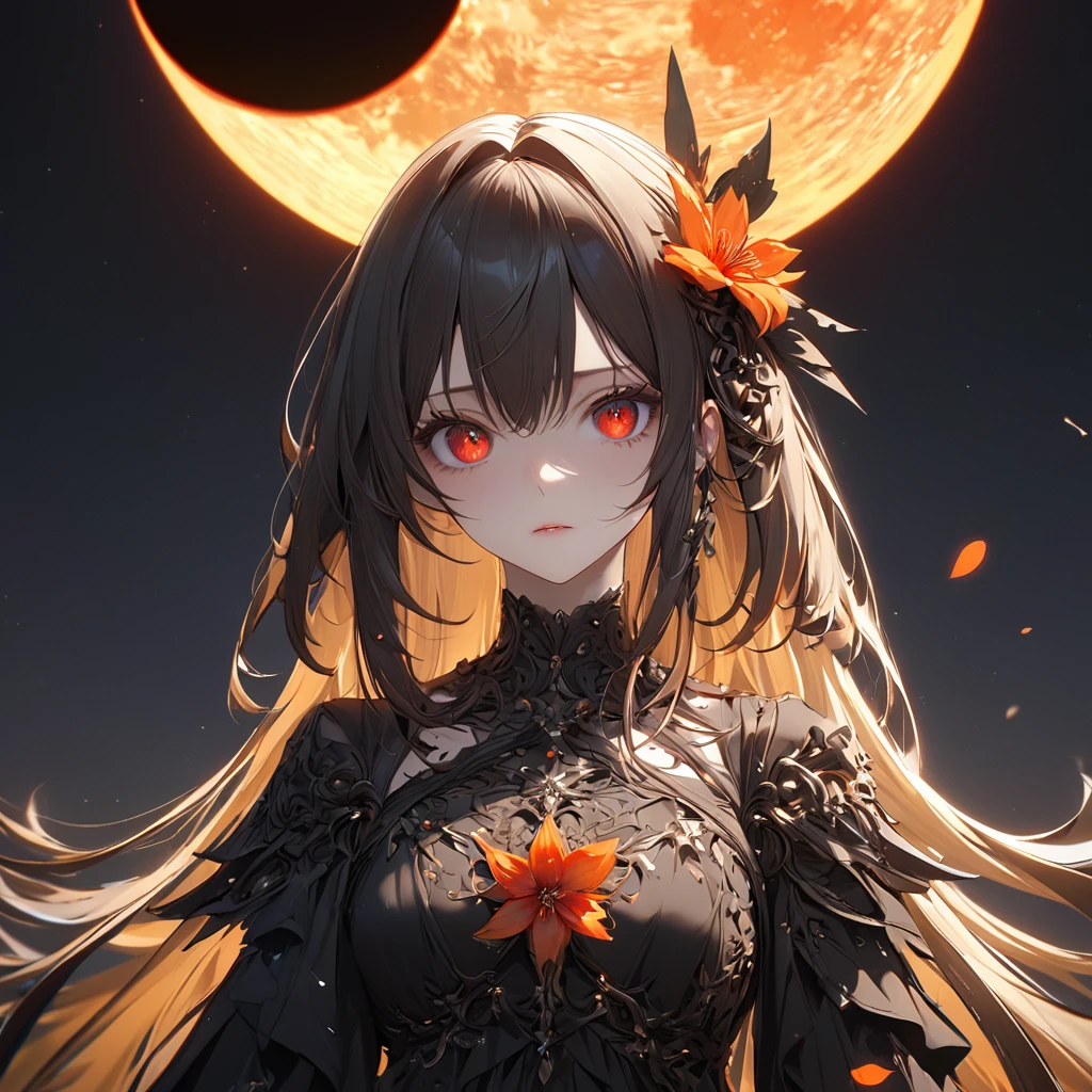 最high quality, wonderful_delicate, wonderful delicate eyes, Super detailed, beautiful, 8k , One girl, Red eyes, evil, Facial Contour,(Absurd, High resolution, Super detailed), masterpiece, The perfect solution, wonderfulディテール, Super Detailed, Dark Sky, Absolute darkness, eclipse, eclipse sky, Shining orange blossom, Cinema Lighting, Ray Tracing, Depth of written boundary, Cinema Lighting, Ray Tracing, 超High resolution, Attention to detail, 最high quality, High resolution, high quality, Awards, Super Detail, masterpiece, 8k, 超High resolution, Attention to detail, 最high quality, High resolution, high quality, Awards, Super Detail, masterpiece, 8k, Digital Art, Anime Coloring
