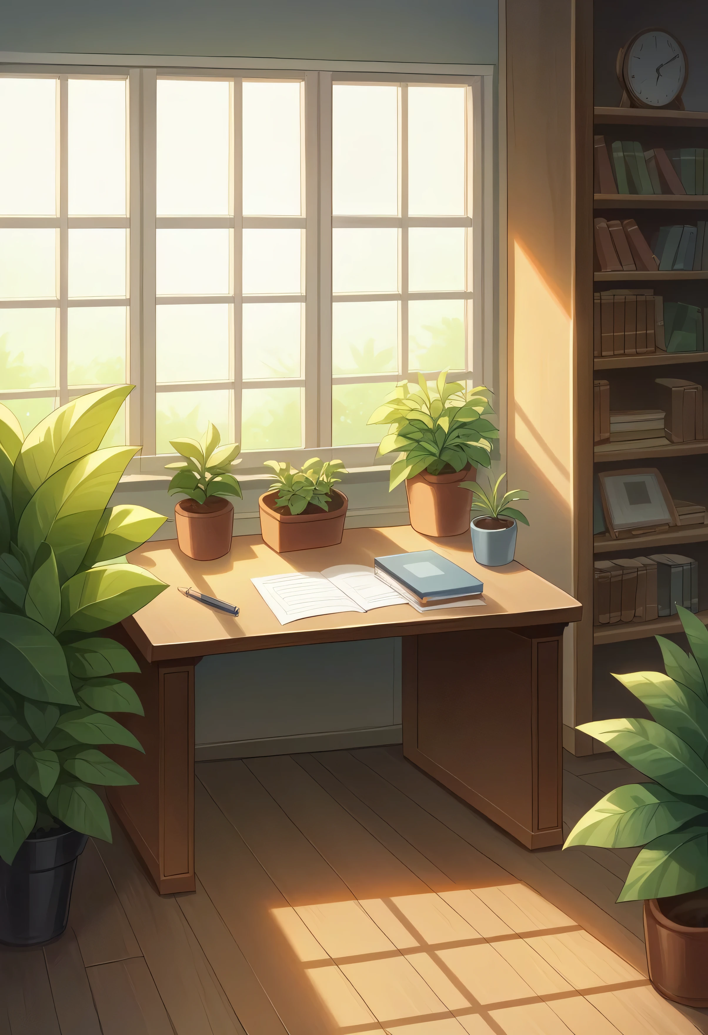 A cozy and inviting home office with a vintage aesthetic. The scene features a wooden desk adorned with potted plants, a classic desk lamp, and various stationery items. A high-backed ergonomic leather chair is positioned at the desk, facing a large, floor-to-ceiling window with wooden frames that let in natural light. Behind the desk, a bookshelf filled with books and more plants adds to the warm, rustic atmosphere. The space is bathed in soft, natural light, highlighting the rich wood tones and greenery