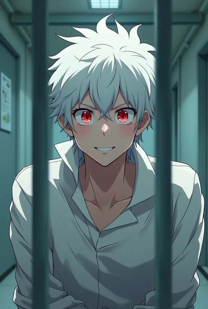 Man with white hair and red eyes, happy, with a smile, with a long-sleeved straitjacket, inside a room in a psychiatric hospital, bending the steel bars of his room. cheered up. anime.
