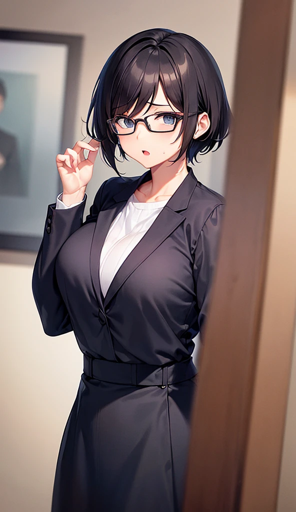Busty older woman wearing glasses、Plain short black hair、A surprised expression when he meets someone he didn't want to meet in front of the station、Sober everyday wear、High resolution, Long bangs covering the eyes, Highest quality