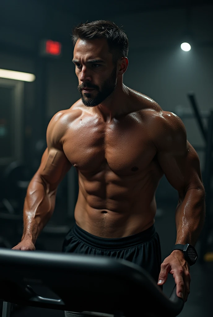 A (( masculine guy)), (( shirtless)), (( exercising)), ((dark lighting)), (shirtless)), (( in a treadmill))