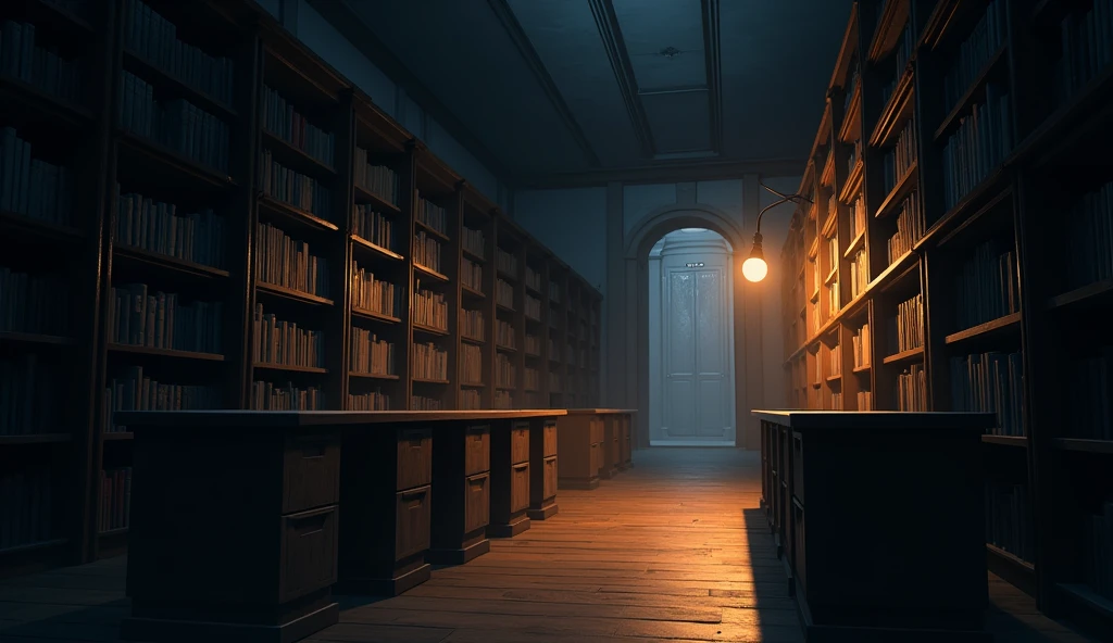 The quiet university library at night has an eerie atmosphere, with only dim light from a light bulb providing light.
Anime style