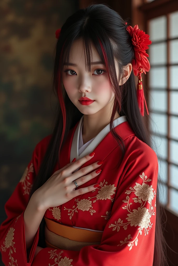A cosplay of a girl with red kimono, long dark brow hair with red shade tips and hetechromic black and red eyes, pale skin, red nails