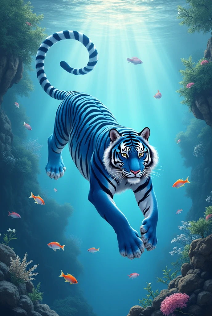 A blue tiger swimming and diving,Cute realistic style,Chinese style