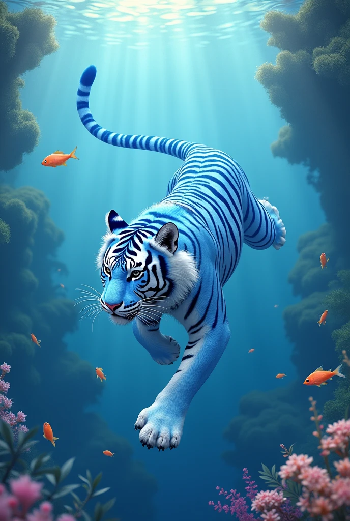 A blue tiger swimming and diving,Cute realistic style,Chinese style
