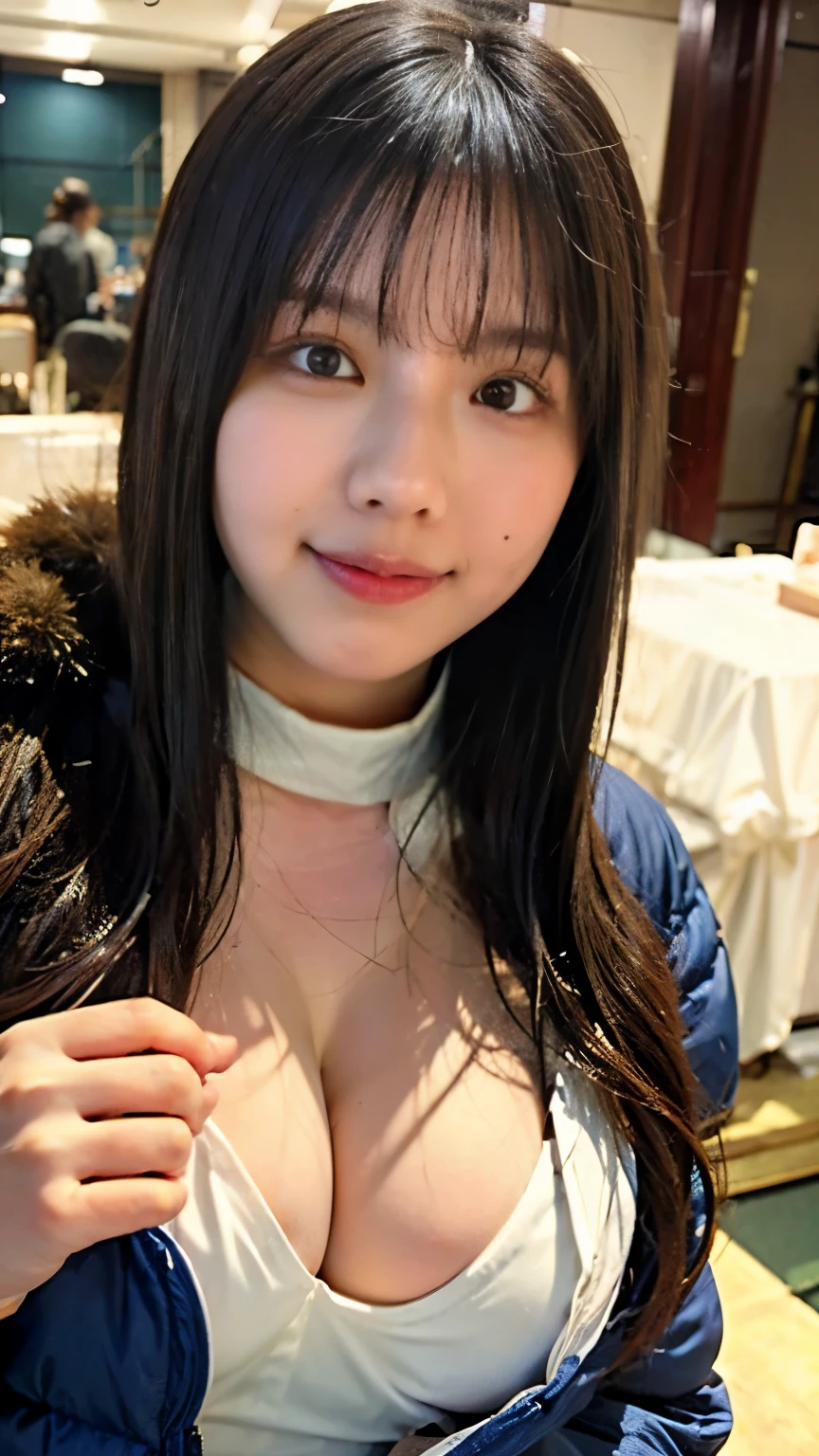 big Breasts,big ,((Highest quality)), ((masterpiece)), (detailed), Perfect Face, Beautiful Japanese Woman, Made of silk material、Close fitting navy blue Moncler puffer down jacket, attractive,  Excited, Open your mouth, Ahegao, Curvaceous figure, ((tight puffer coat)), Fur Food,Red Silk Bra, Large Breasts, (Open Court), Cleavage, Thick blast straps, photograph, Glossy coat, satin, Soft to the touch