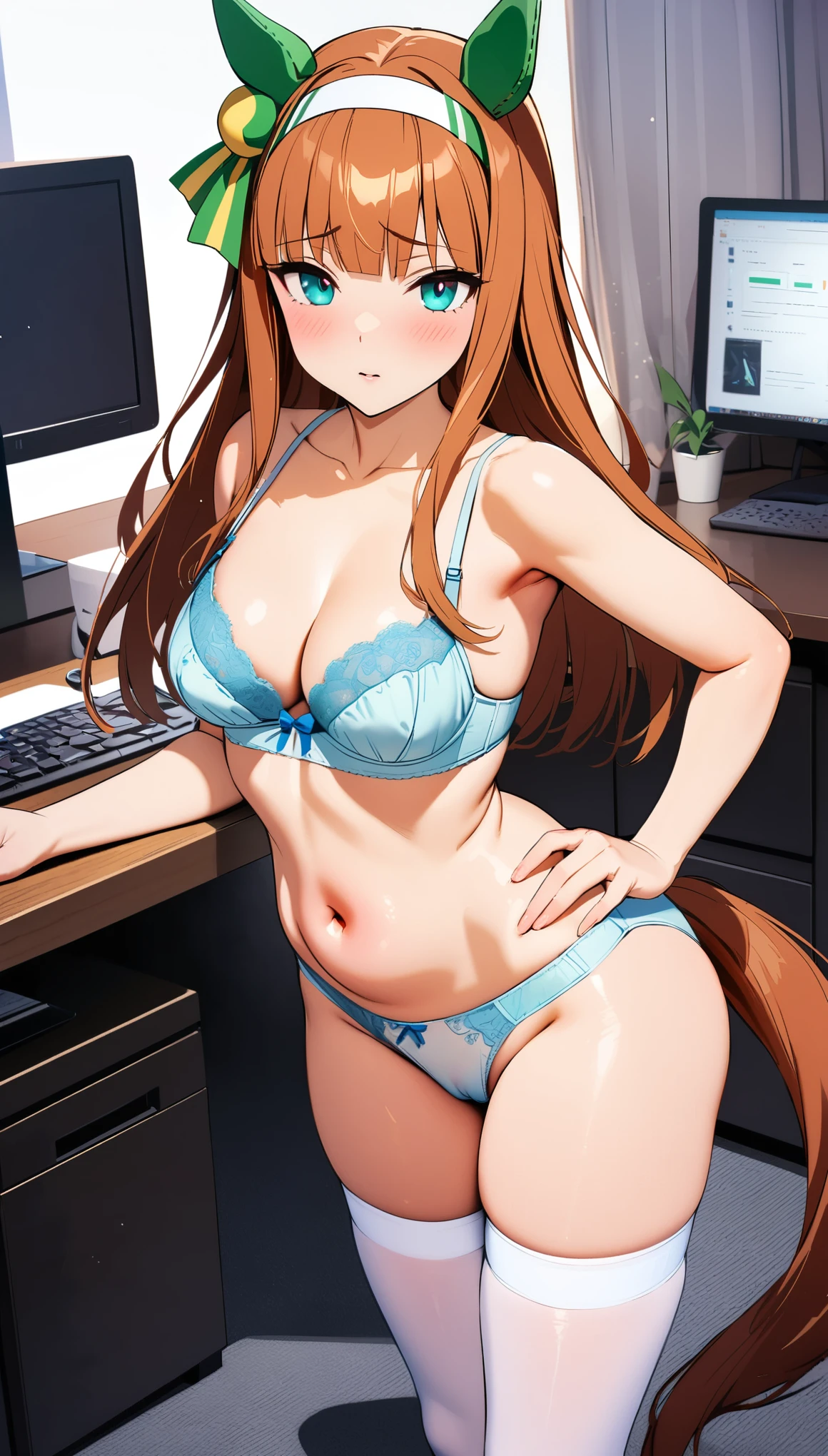 [[One person, Silence Suzuka \(umamusume\), umamusume]], Beautiful attention to detail, Close one eye, ((indoor, office, living room),  Curvy, thin, Flat Chest, Small breasts, (Thigh-high socks), (Cleavage), (belly button), ((panties), (bra), (In underwear), (Flashy underwear), (lingerie))), (Close-up shot), Slender body,Dynamic Angle, Highest quality, Very detailed, masterpiece, Ultra-high resolution, 8k, Nipples, ((Horse tail)), Camel Toe,Small Ass, Slender body