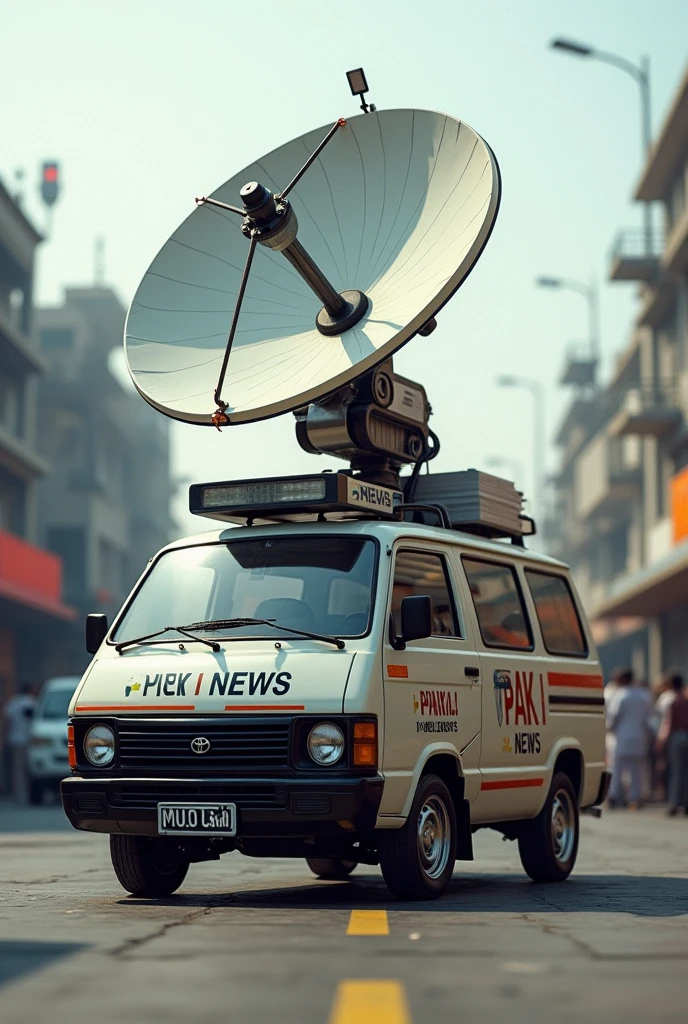 Generate an Hiace and on the roof there is big Satellite ad written on hiace Pak i News