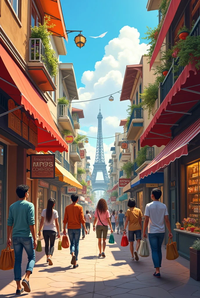 Street with shops from various places around the world on the right and left, with people going back and forth with shopping bags in their hands smiling happily
