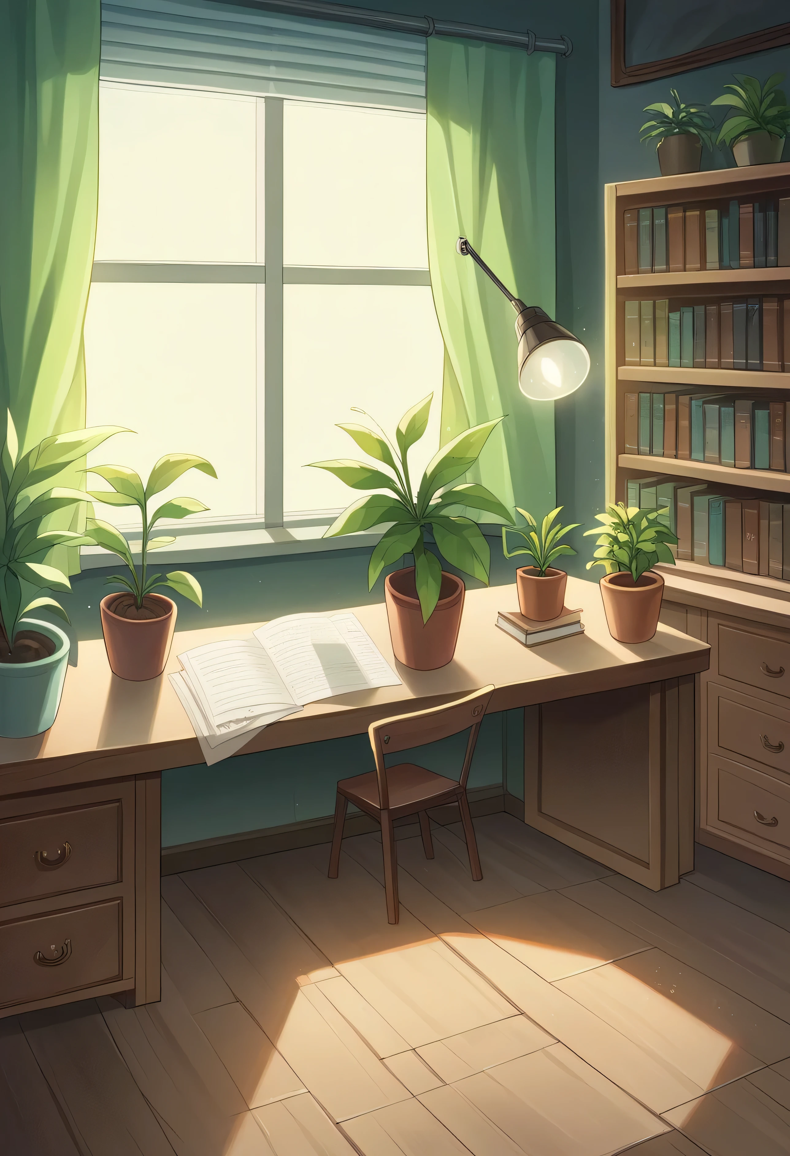 A cozy and inviting home office with a vintage aesthetic. The scene features a wooden desk adorned with potted plants, a classic desk lamp, and various stationery items. A high-backed ergonomic leather chair is positioned at the desk, facing a large, floor-to-ceiling window with wooden frames that let in natural light. Behind the desk, a bookshelf filled with books and more plants adds to the warm, rustic atmosphere. The space is bathed in soft, natural light, highlighting the rich wood tones and greenery